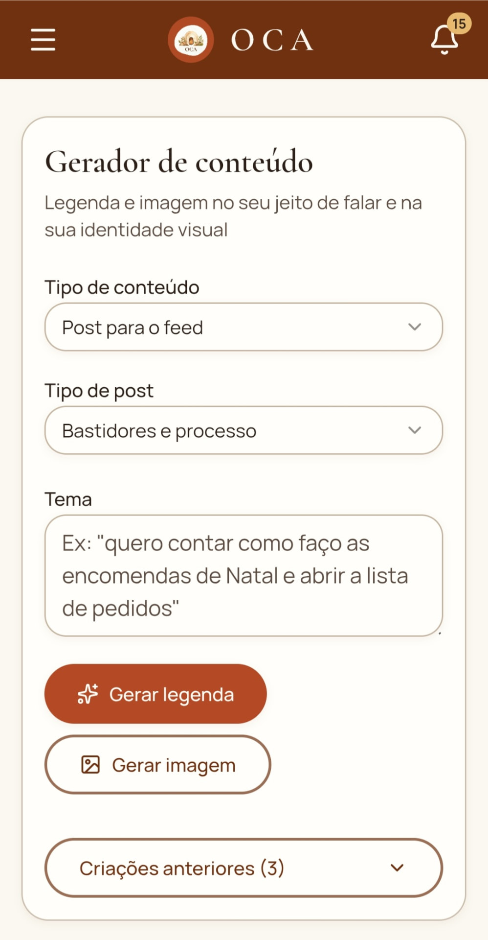Tela do gerador de conteúdo da Oca, com campos de tipo de conteúdo, tipo de post e tema