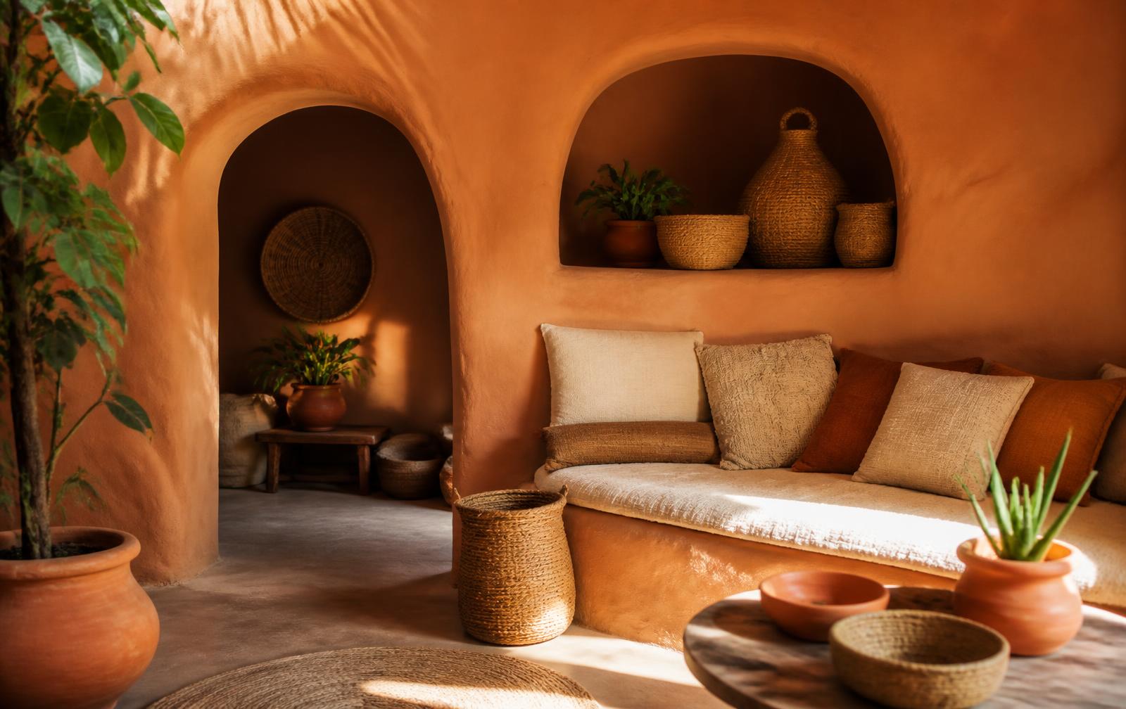 Sala de barro com arco, nicho com cestarias, plantas e almofadas de linho em luz dourada
